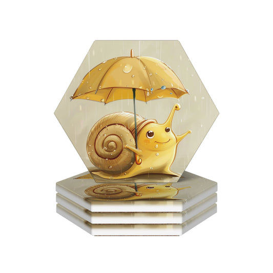 4-Piece Cute Snail with Umbrella Hexagon Coasters – 11x9.5cm Absorbent, Heat-Resistant & Non-Slip Drink Mats