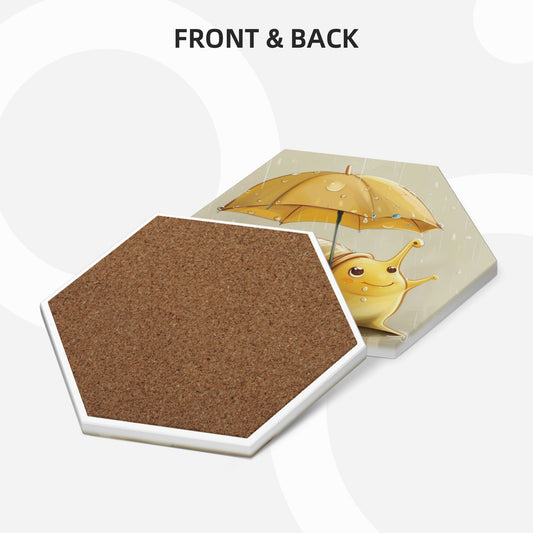 4-Piece Cute Snail with Umbrella Hexagon Coasters – 11x9.5cm Absorbent, Heat-Resistant & Non-Slip Drink Mats