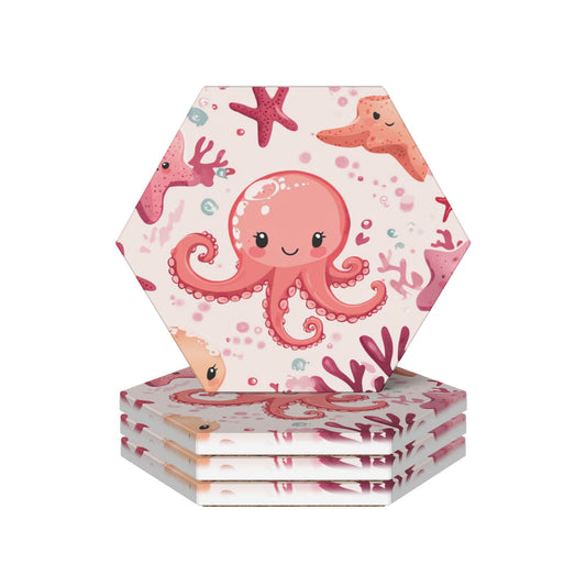 4-Piece Hexagon Cartoon Octopus Coaster Set – 11x9.5cm Absorbent, Heat-Resistant & Non-Slip Drink Mats