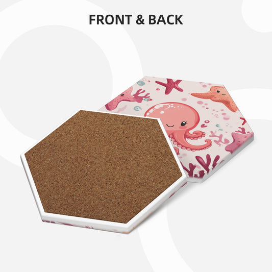 4-Piece Hexagon Cartoon Octopus Coaster Set – 11x9.5cm Absorbent, Heat-Resistant & Non-Slip Drink Mats