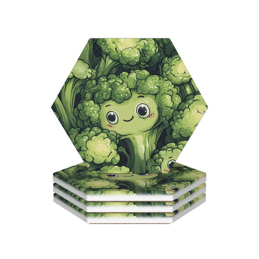 4-Piece Hexagon Coaster Set with Cute Broccoli Design – 11x9.5cm Absorbent, Heat-Resistant & Non-Slip Drink Mats