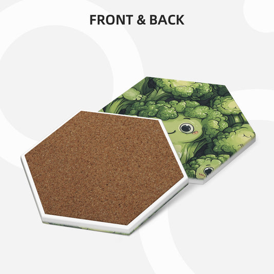 4-Piece Hexagon Coaster Set with Cute Broccoli Design – 11x9.5cm Absorbent, Heat-Resistant & Non-Slip Drink Mats