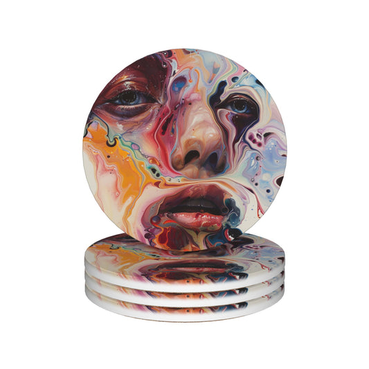 4-Piece Abstract Portrait Art Coaster Set – 10.3cm Round Absorbent, Heat-Resistant & Non-Slip Drink Mats