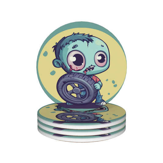 4-Piece Cute Zombie Cartoon Coaster Set – 10.3cm Round Absorbent, Heat-Resistant & Non-Slip Drink Mats