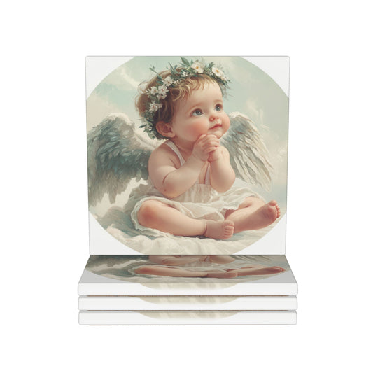 4-Piece Angel Baby Square Coaster Set – 10x10cm Absorbent, Heat-Resistant & Non-Slip Drink Mats with Serene Cherub Design