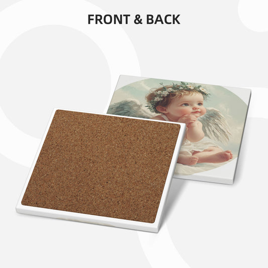 4-Piece Angel Baby Square Coaster Set – 10x10cm Absorbent, Heat-Resistant & Non-Slip Drink Mats with Serene Cherub Design